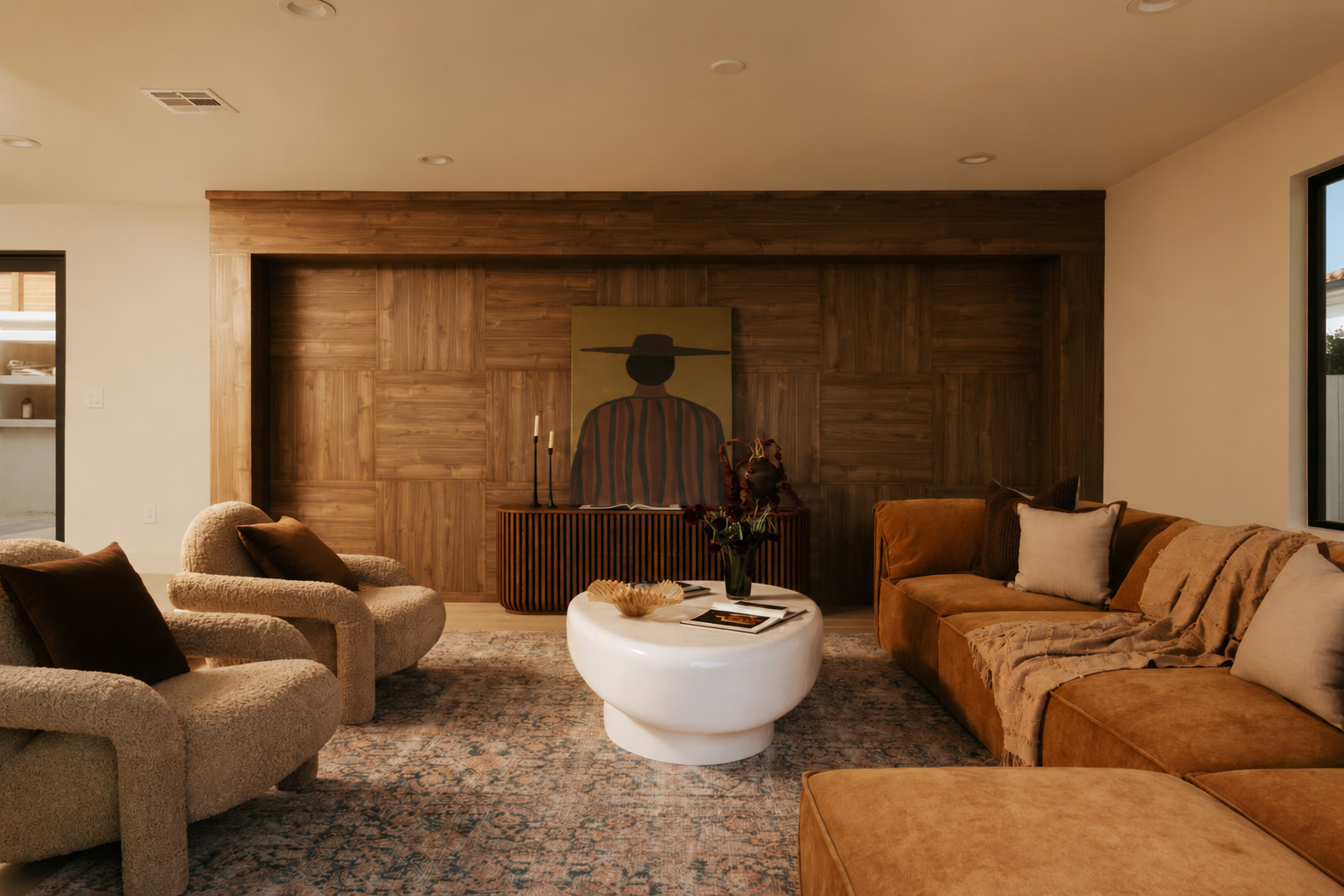 Den with a walnut feature wall and low seating at Venus Drive